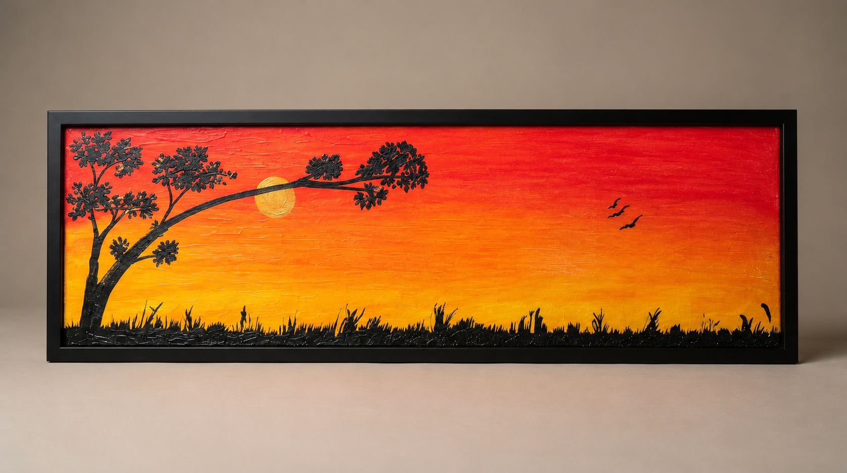Golden Hour, a hand-painted panoramic sunset landscape in a black frame