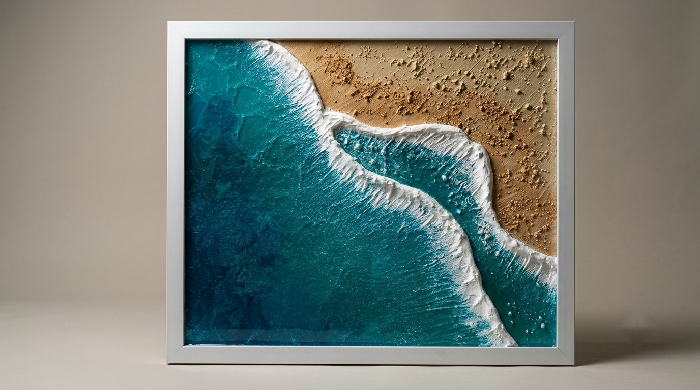Ocean Relief, a turquoise and sand textured painting inspired by the sea